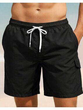 Men's Swimming Trunks, Swim Shorts, 3 Pocket Cargo Swimwear, Black